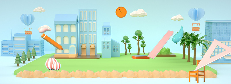 卡通手绘开学季c4d学校校园草坪海报背景