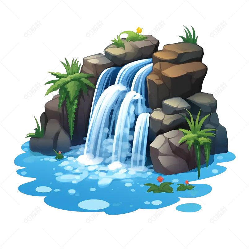 蓝绿色手绘石头夏季凉爽瀑布景观插画免扣元素