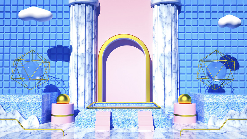 蓝色立体空间C4D阶梯风格女装凉鞋海报背景