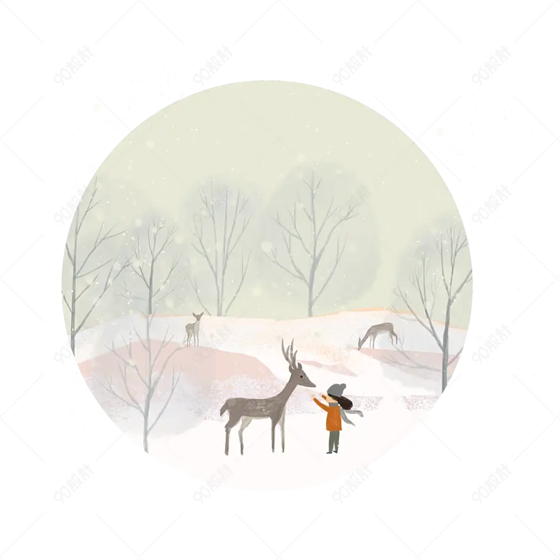 冬季下雪大寒小寒冬天装饰背景边框远山鹿小女孩树