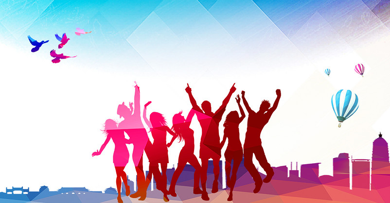 青春几何渐变热气球人群剪影海报