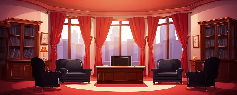 带有木制家具桌椅子电视和书架的办公室内部