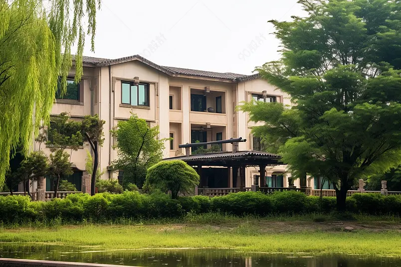 别墅小区楼房蓝天白云绿色植物楼宇建筑