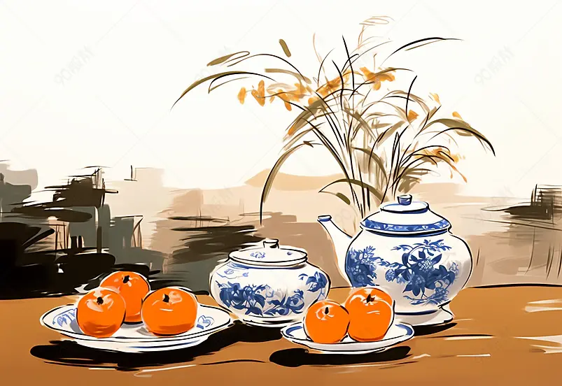 中国风传统水墨插画二十四节气花卉静物寒露