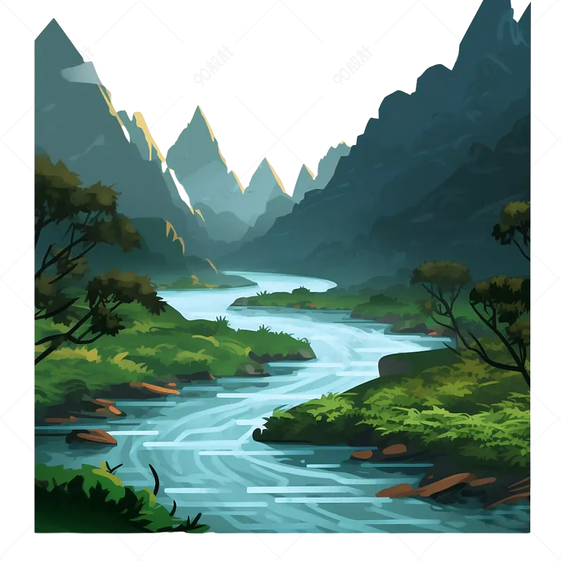 绿色手绘山水画河流夏季凉爽插画免扣元素