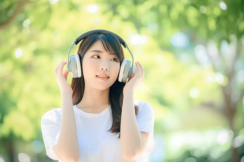 树林下戴耳机听音乐的甜美女生魏霞甜美