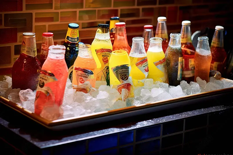 果汁冰块饮料和瓶装啤酒高清特写摄影图