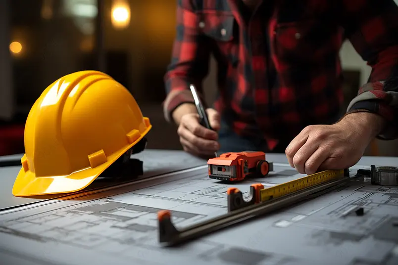 建筑工人用卷尺和尺子在建筑中工作