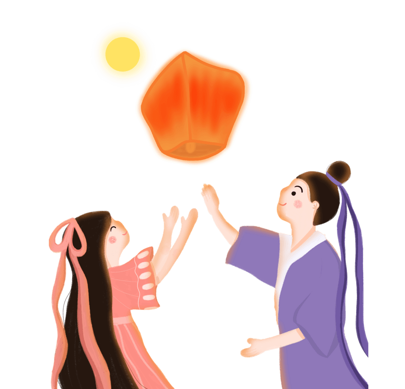 七夕情人节牛郎织女放天灯插画