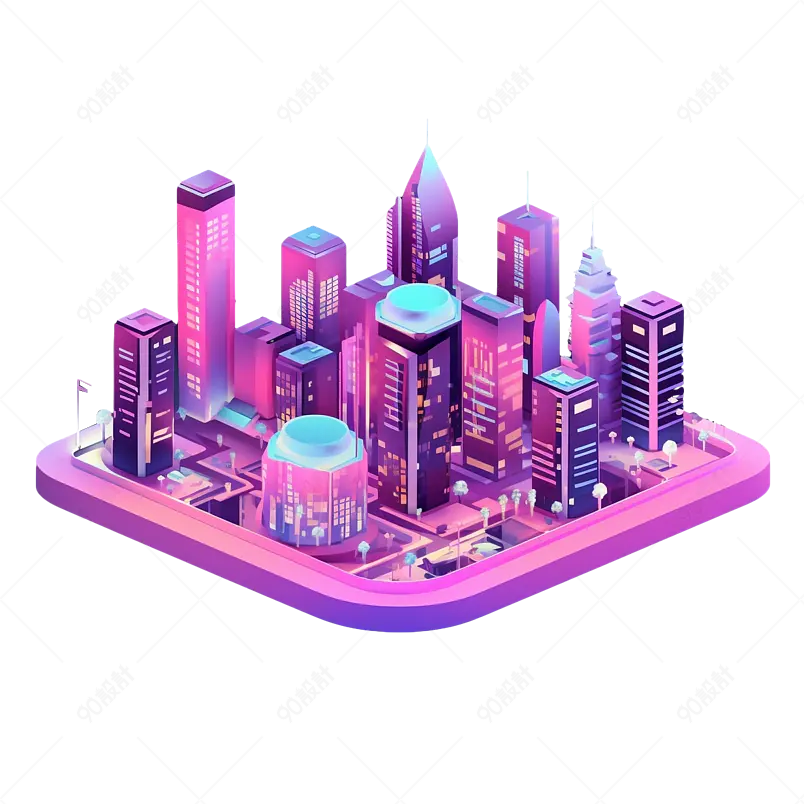紫色手绘风2.5D城市建筑夜景大厦元素