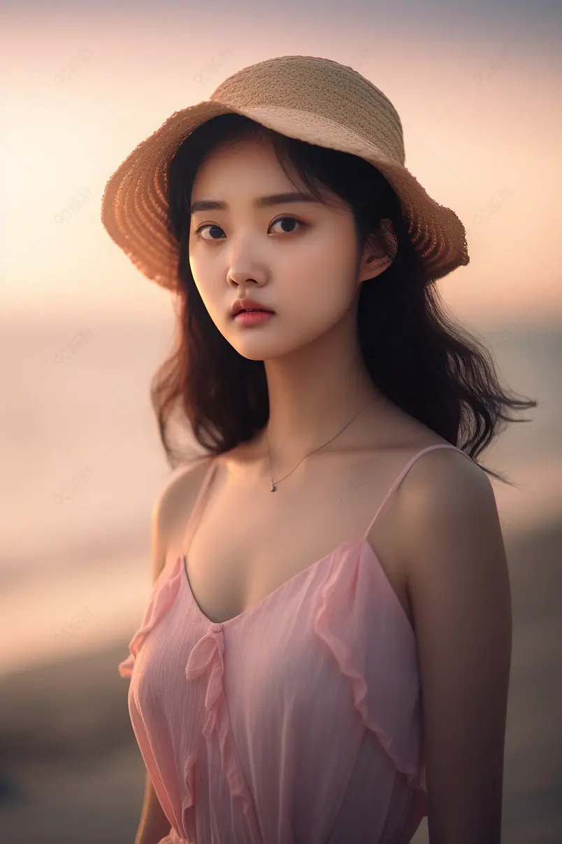 浅黄色夕阳海边美女正面拍摄