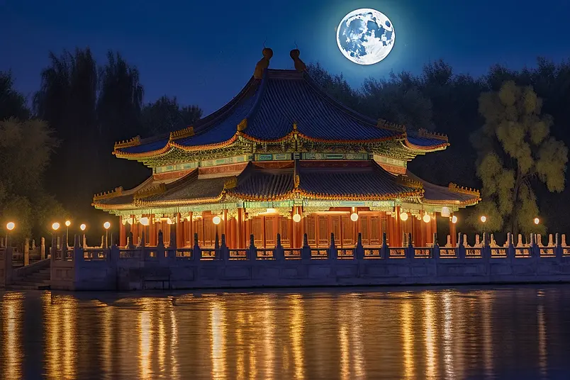 高清的图片海报设计背景广告设计素材元素中秋节的湖边古建筑水面上的倒影天上的月亮