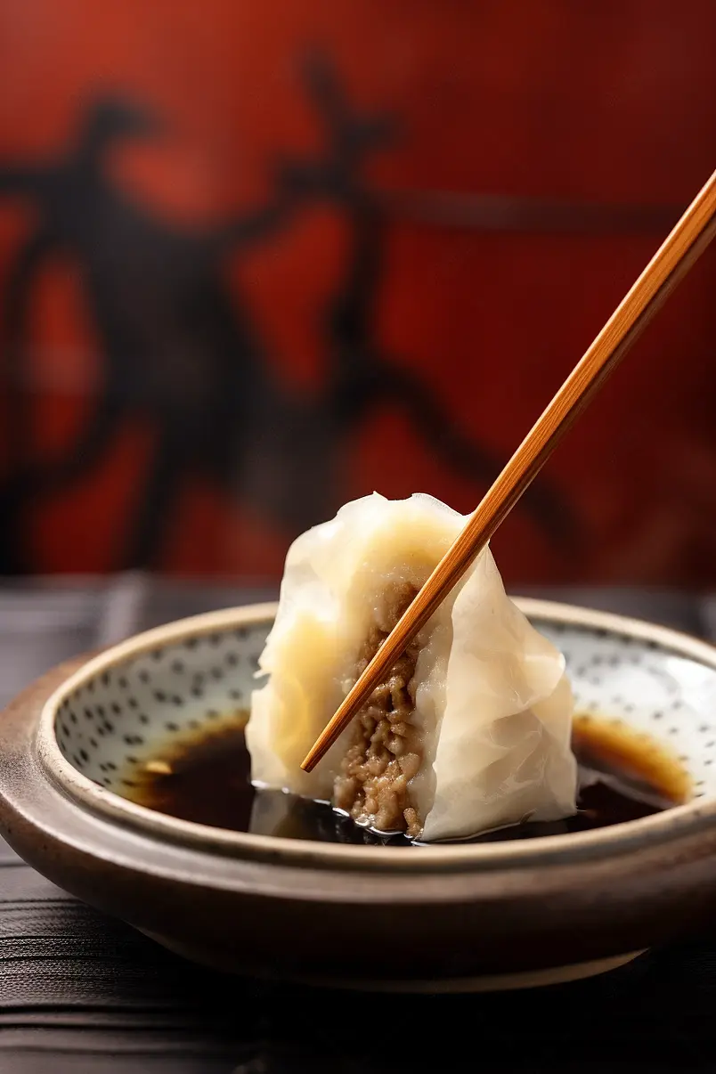 清晰的摄影图高清的图片电商产品拍摄美食美味食物筷子夹饺子蘸酱油醋