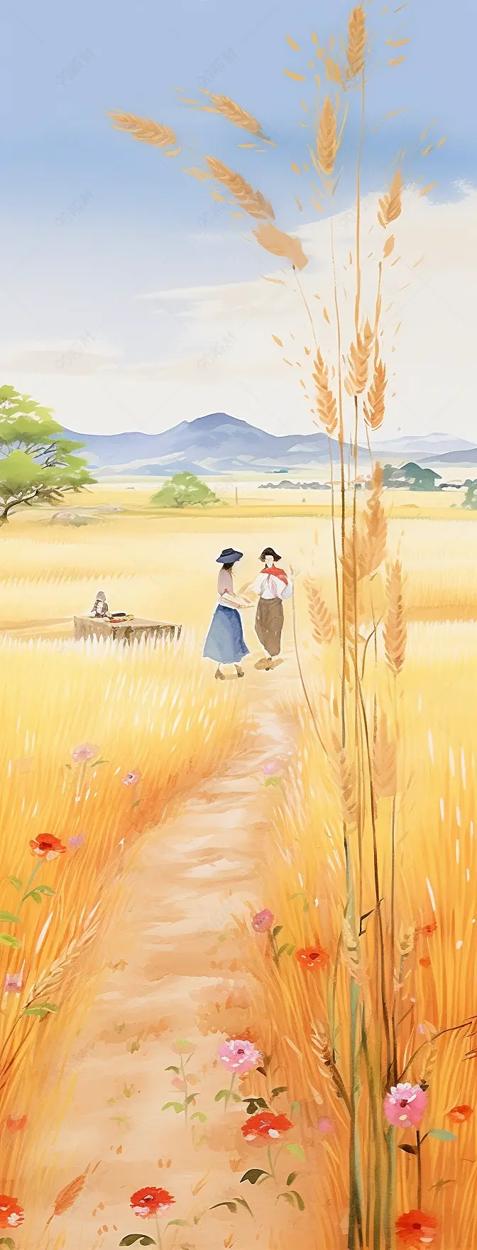 小清新水彩风格古风风景插画,秋收