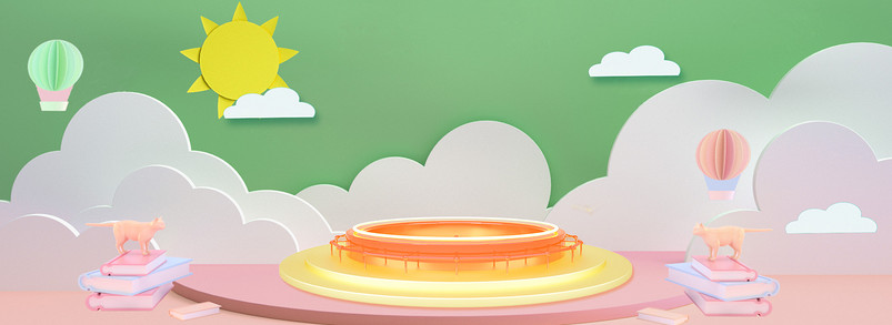 绿色卡通手绘开学季剪纸风圆台展台海报背景