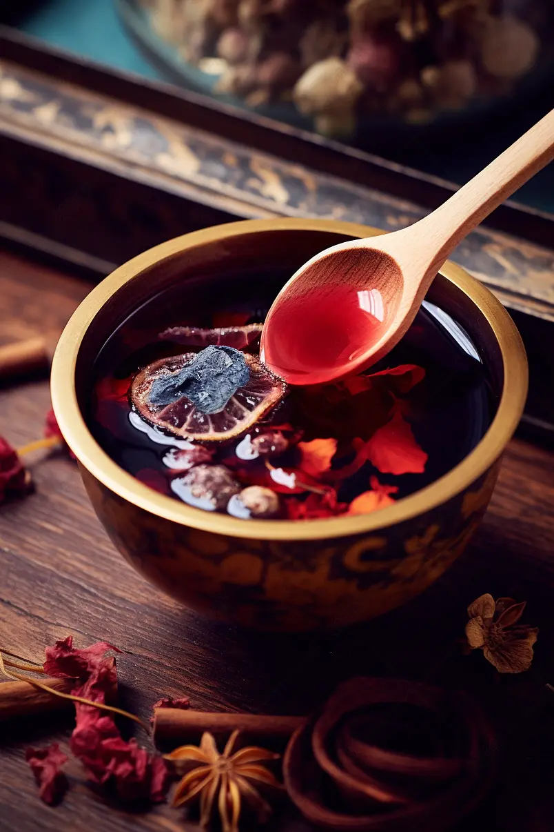 木头勺子舀起酸梅汁果醋饮料酸甜美味的果汁