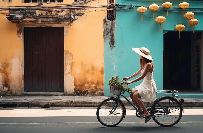 白天在越南会安老城区骑车的女游客