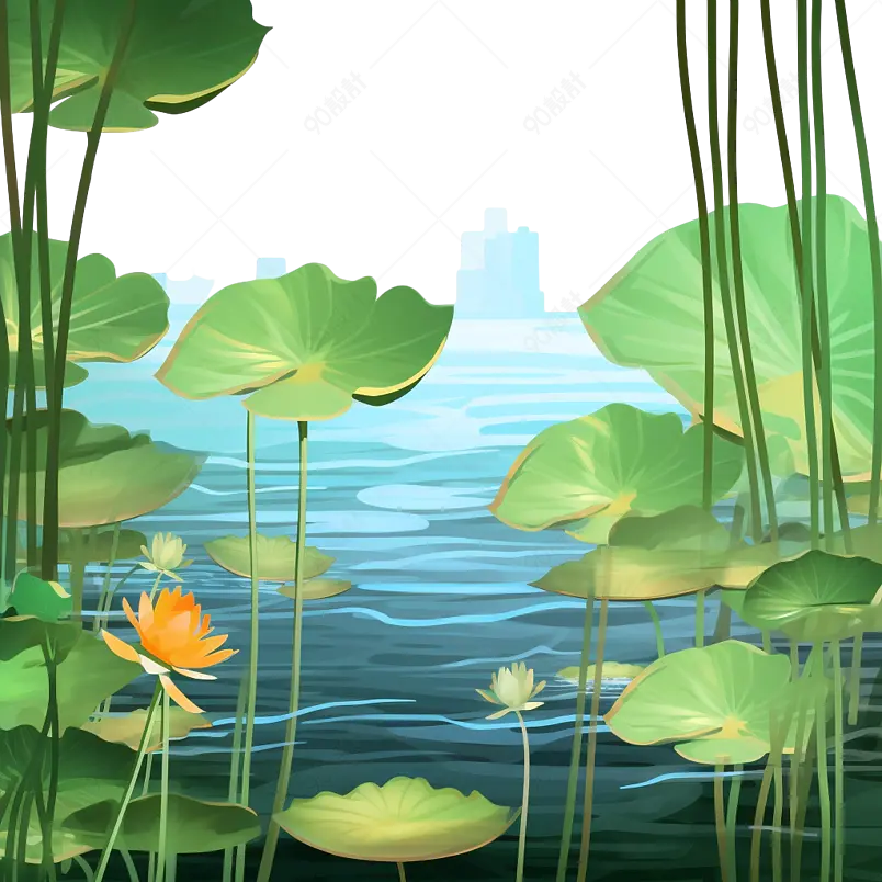 绿色手绘夏季避暑凉爽荷花荷叶池塘插画免扣元素