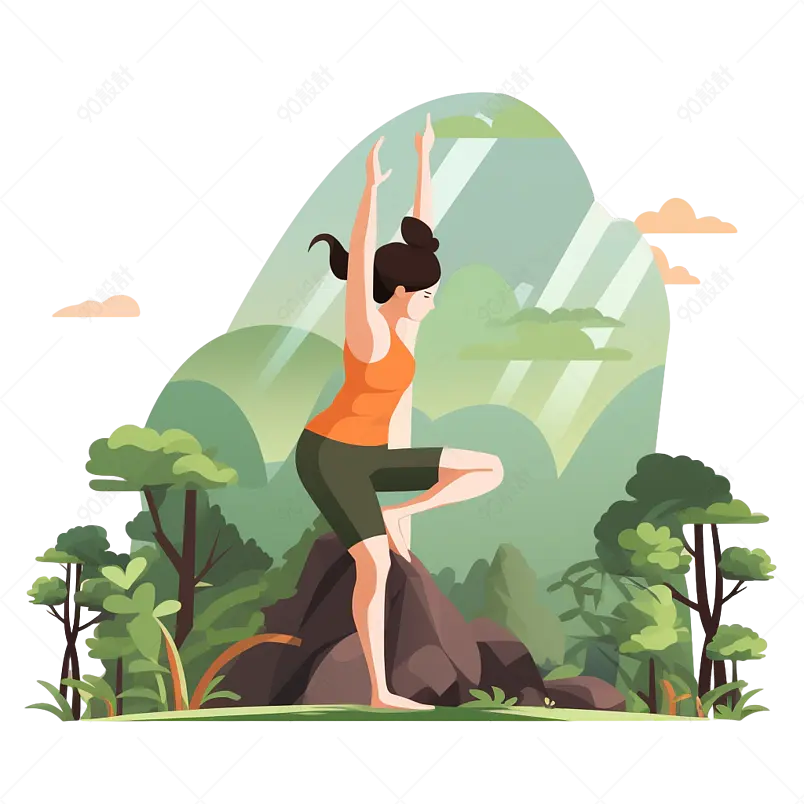 绿色小清新风格女孩在山林间做瑜伽运动一只脚搭在石头上插画免扣元素