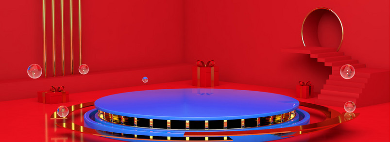 C4D大红色立体空间感舞台男装大促活动海报背景