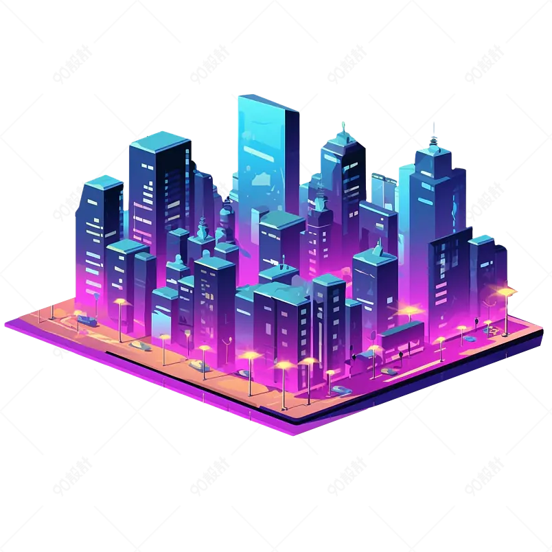 2.5D城市夜景霓虹灯紫色建筑插画元素