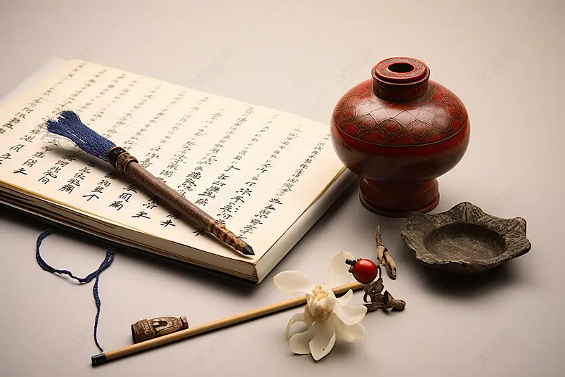 桌面上的书法作品组合摄影