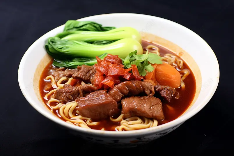 中餐红烧牛肉面绿色蔬菜健康白色的碗