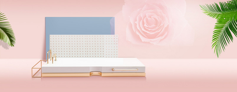 c4d绿色叶子圆台台面玫瑰花立体海报背景