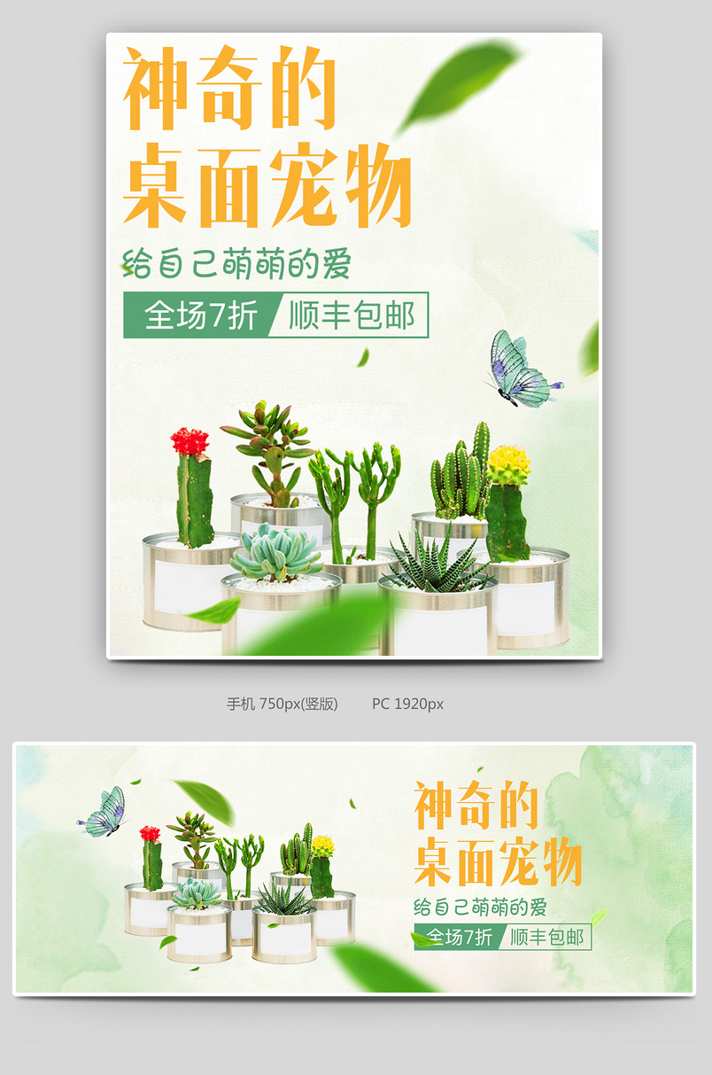 简约小清新风格日常多肉桌面植物全屏海报