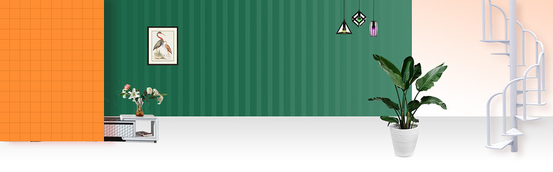 橙色绿色家居空间电视柜海报背景