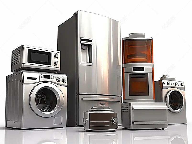 家电产品家用厨房工艺上白色孤立的一套冰箱煤气灶微波炉和洗衣机3d