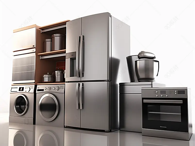 家电产品家用厨房工艺上白色孤立的一套冰箱煤气灶微波炉和洗衣机3d