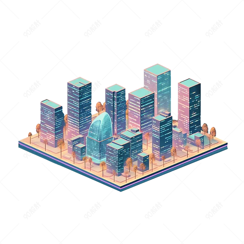 2.5D绿色手绘风城市建筑现代城镇元素