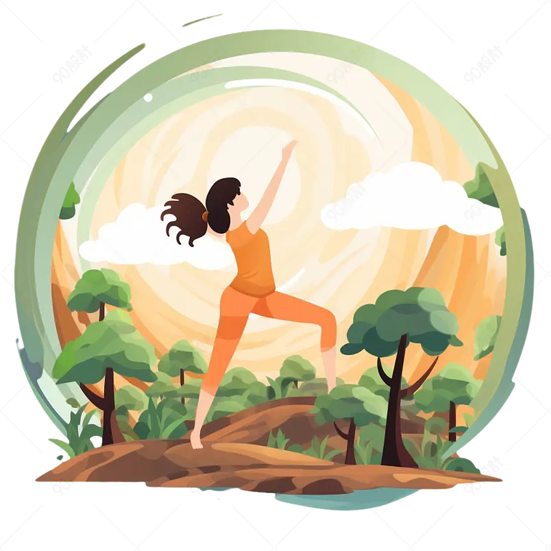 绿色小清新风格穿着橘色瑜伽服的女孩在山林间做瑜伽运动插画免扣元素