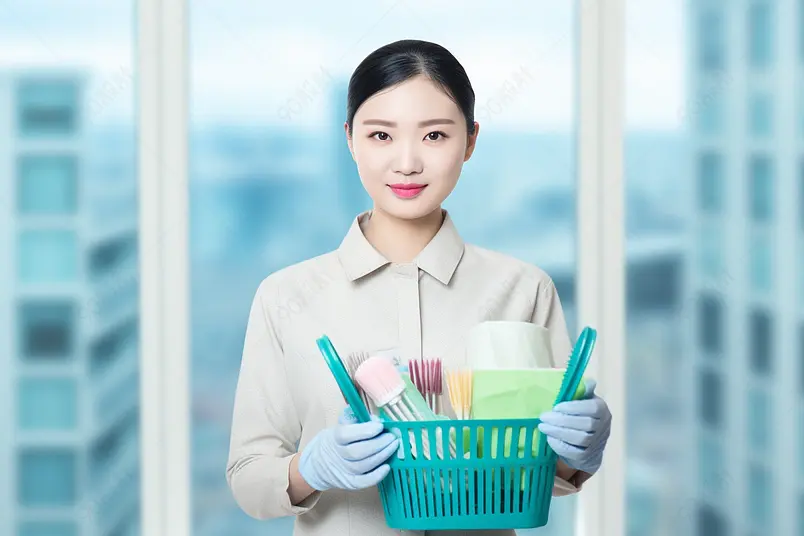 蓝色家政保洁员清洁用品人物图
