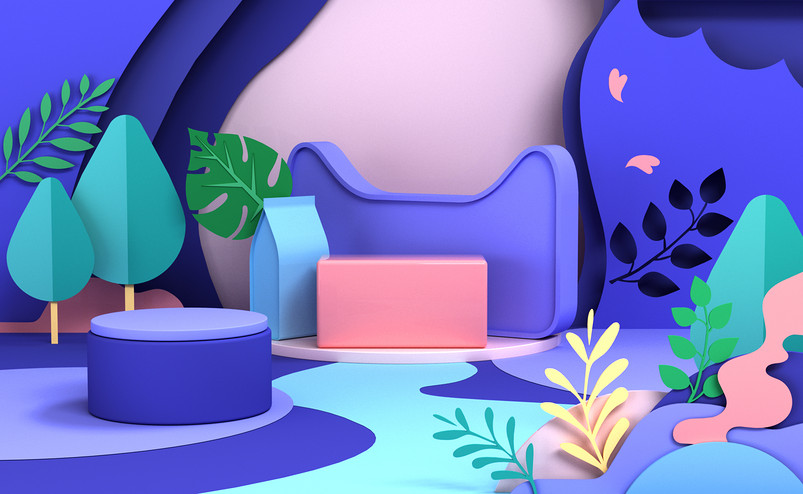 C4D紫色空间感剪纸风化妆品海报背景 