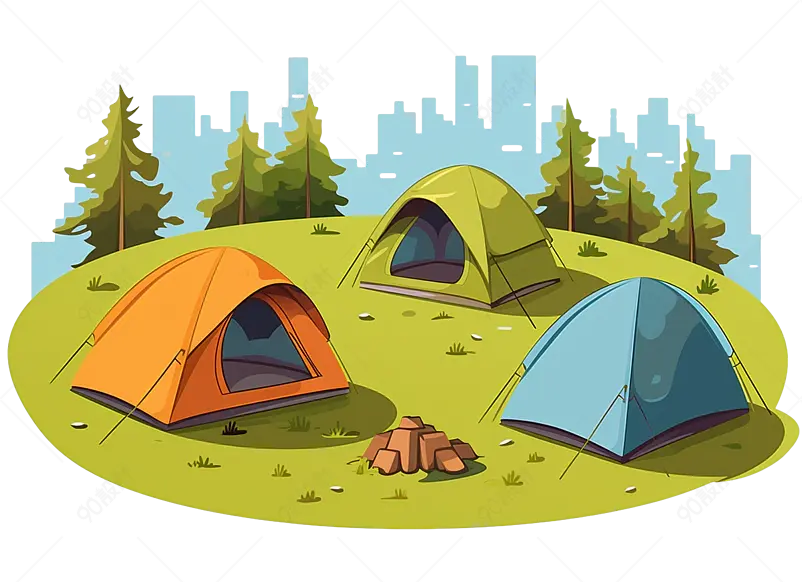 草坪上搭建好的帐篷露营场景免抠素材图