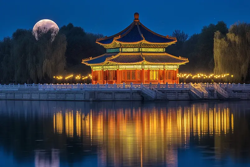 清晰的摄影图高清的图片海报设计背景广告设计素材元素中秋节的湖边古建筑水面上的倒影天上的月亮