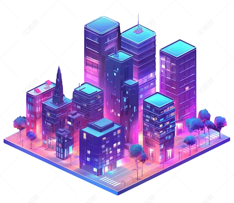 紫色2.5D手绘插画风城市建筑大厦元素