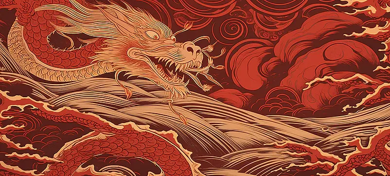 中国风红金千里江山龙传承传统文化凤荷花插画，龙年，新年春节龙抬头金融汽车行业房地产高端龙山水庆典宣传