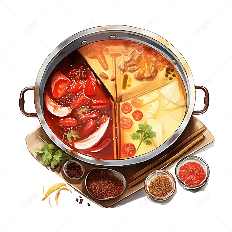 红色鸳鸯川味火锅番茄豆腐插画手绘实物元素