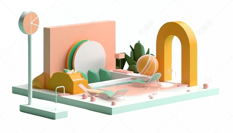 粉色背景墙黄色拱门白色展板小场景装饰元素