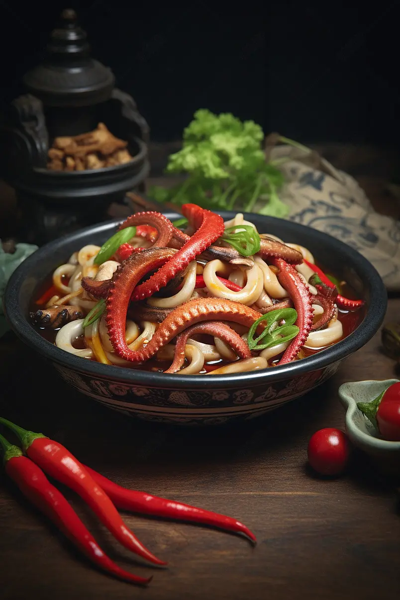 清晰的摄影图高清的图片电商产品拍摄美食美味食物一碗香辣的鱿鱼