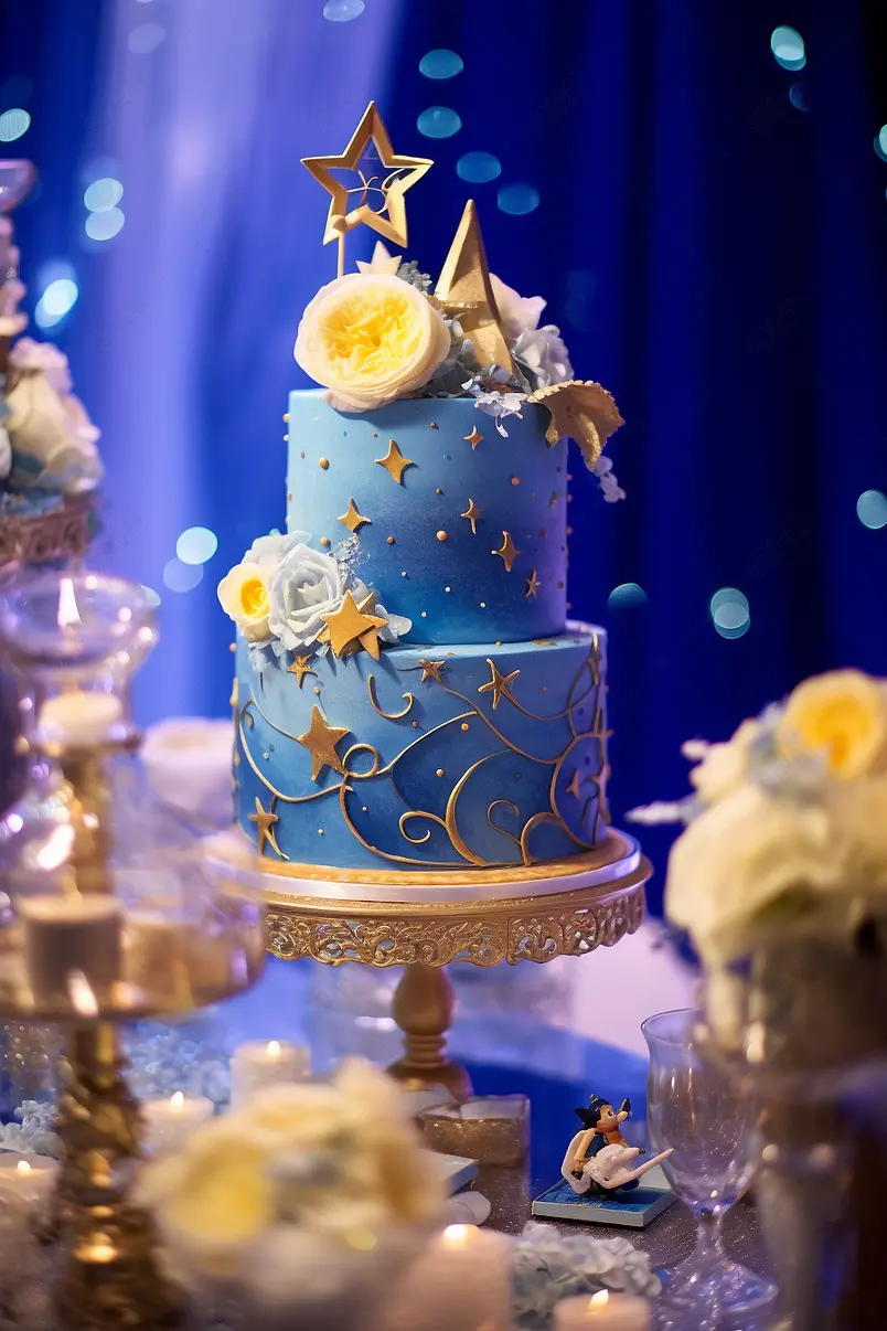 双层蓝色星空蛋糕生日派对聚会宴席照片