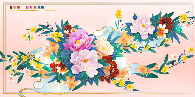 复古金线牡丹花卉矢量背景素材