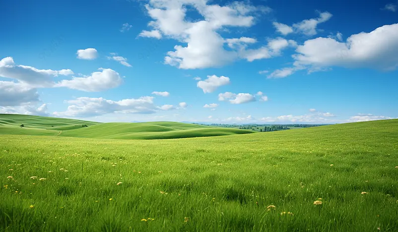 蓝天空下绿青新草地草原土地活力阳光场地天堂太阳天空国家农业