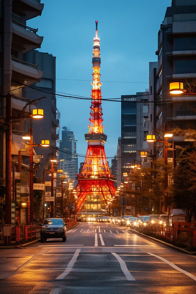 东京塔黄昏与东京天际线城市景观莫纳托病房东京塔著名的地标高度3329米,日本高的塔