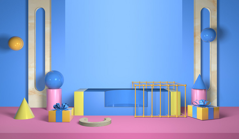 蓝色创意几何图形c4d女鞋箱包海报背景