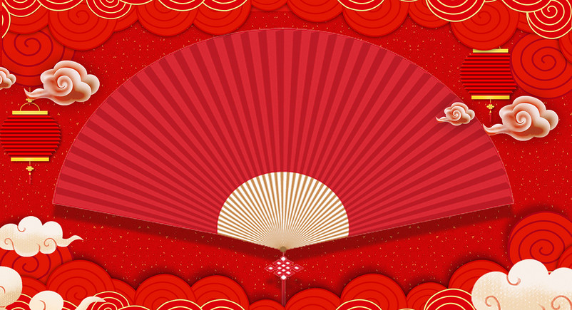 红色中国风云纹扇子家电新年春节海报背景