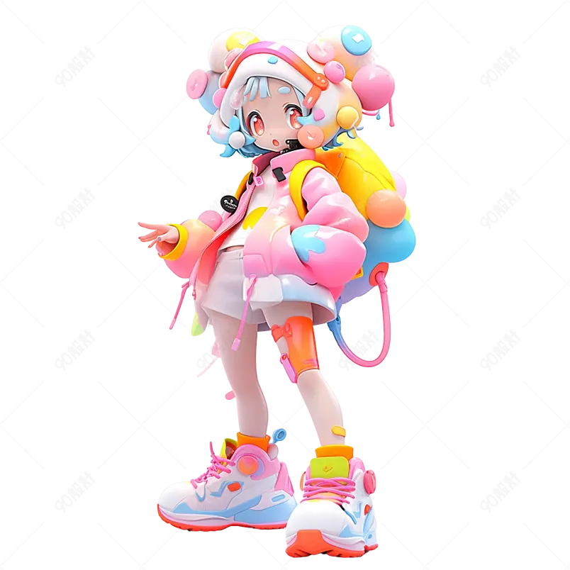 3D渲染立体炫彩多巴胺手办潮玩盲盒可爱女孩免扣素材